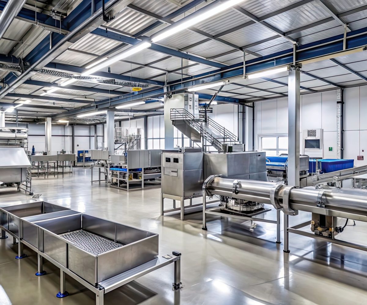 Interior of a modern food processing plant with stainless steel machinery and conveyor belts